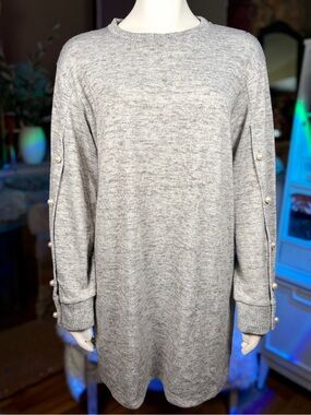 Zara Heather Gray Long Sleeve Sweater Dress w/ Pearl Button Accents, Sz M
